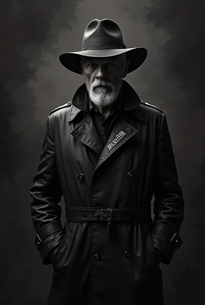 "A noir-style, black-and-white digital painting of a mysterious man. He wears a wide-brimmed fedora hat, casting a shadow over his aged, serious face with a white beard. He is dressed in a long, black leather trench coat with double-breasted buttons, a hig...