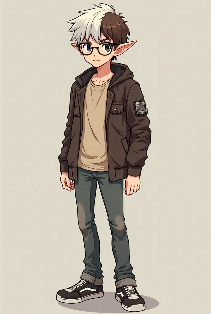  anime style cartoon glasses, man, 40 years old and a slender physique. Your eyes are completely black and dark, has elf ears. His hair is half white and half brown, generally cut in a practical way. Dresses functionally, preferring neutral-tone shirts, co...