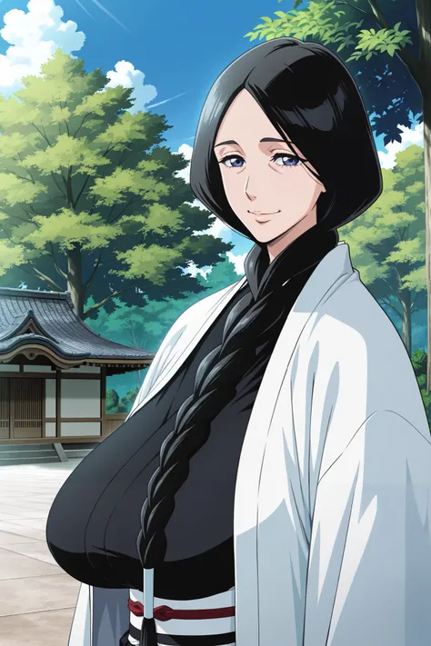 masterpiece,best quality, amazing quality, very aesthetic,anime screencap ,1girl, solo, run0hana, black hair, single braid, dark blue eyes, huge breasts, white haori, wide sleeves, black kimono, obi, black hakama, looking at viewer, old woman,sagging breas...