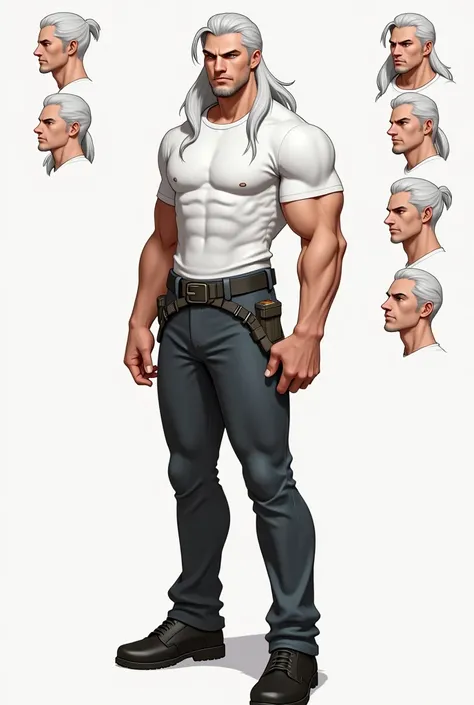 Full-body illustration of a male character design. The character is light-skinned, appearing to be in his late 20s or early 30s, with a muscular and well-defined build, including strong arms, shoulders, and legs. He has long, flowing white hair that falls ...