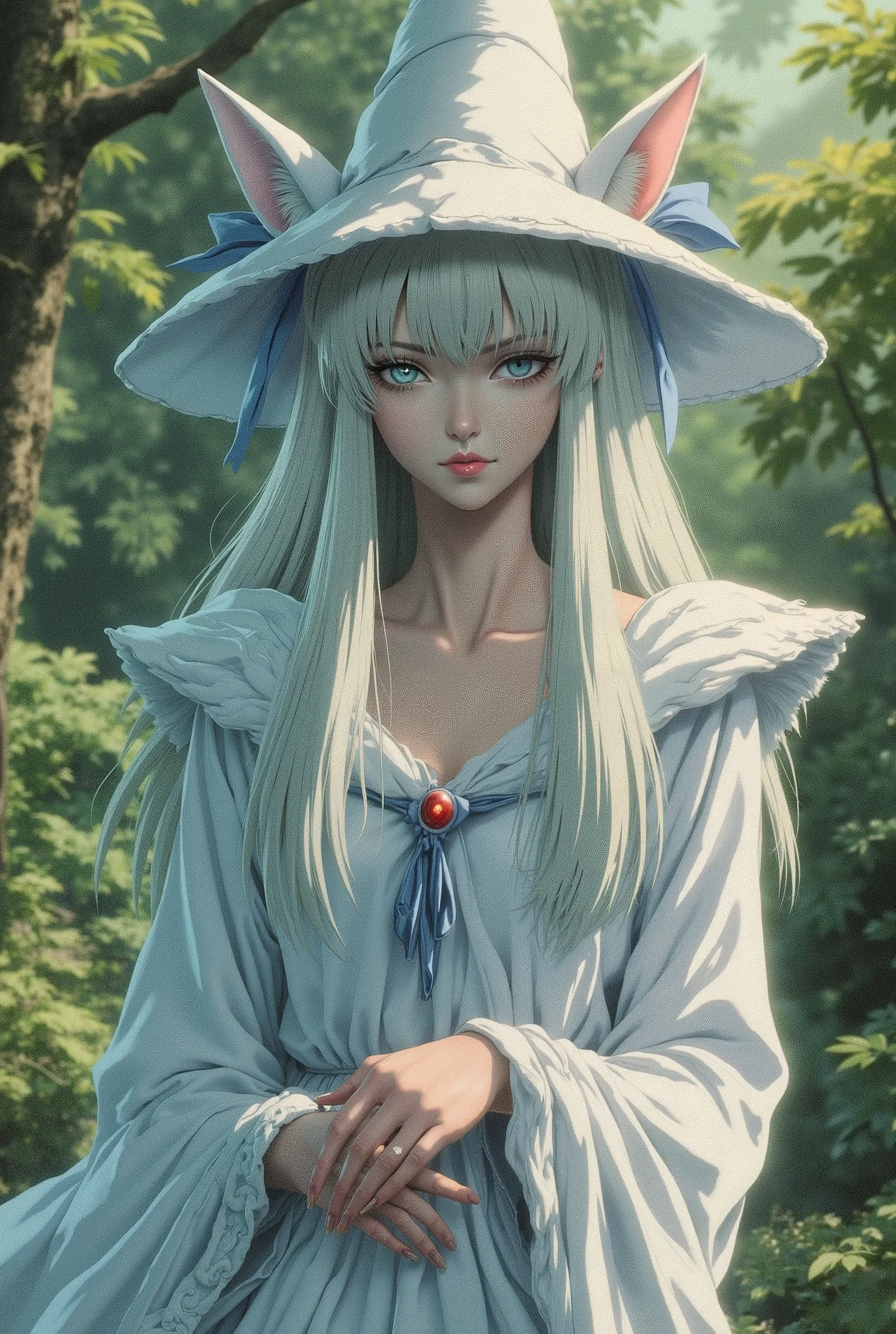 woman, fair skin, pink lips, long white hair, white wolf ears, blue eyes, wearing a white witch's hat with blue ribbon, white clothes, Full body,dressed as a medieval princess, in a garden