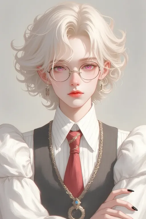 An androgynous male character with light blond hair, curly and slightly disheveled. Their eyes are an intense and bright pink shade, which gives them a hypnotic appearance. He wears round glasses with a round glasses elegant design that complements its pen...