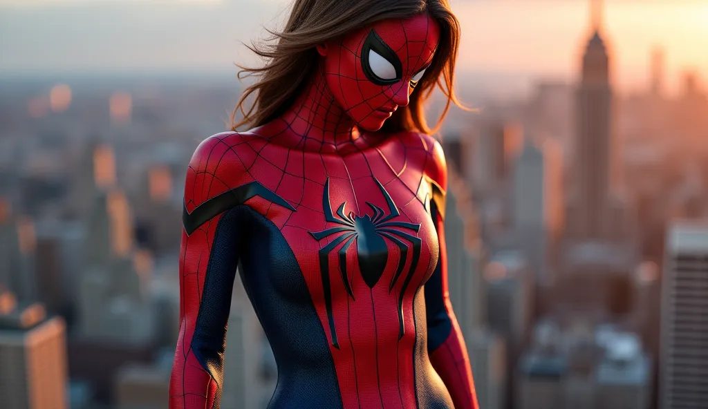 make me a spiderwoman with nudes post , head to toe view, with showing boobs