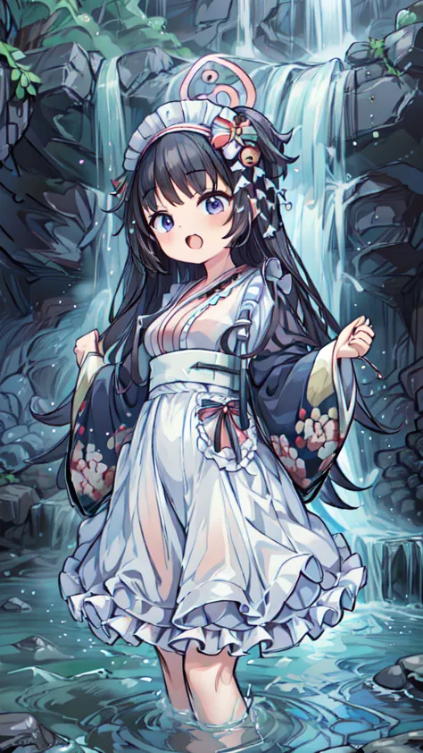 absurd, waterfall修行, cute, maid clothes, soaked, 和風maid clothes, waterfall, river, nature,  kimono, waterfall行, Girl close up, very detailed face,  Mysterious Light,  splashes , break,  kimono, maid clothes,  kimono, waterfallを浴びる, absurdな,  Japanese Maid,...