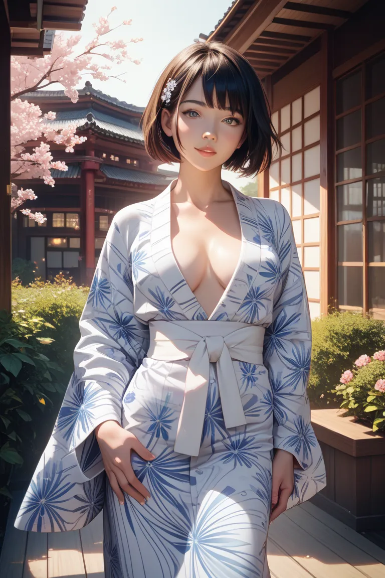 1 Japanese girl, 
 dark hair, The hairstyle is short,
clothing: wearing a pure white yukata, The color of the belt has a white band, It is pure white and has a very elegant impression