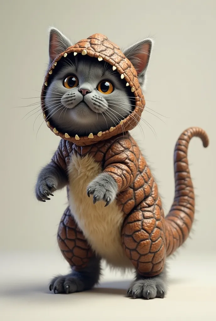 A gray cat in a rex dinosaur costume