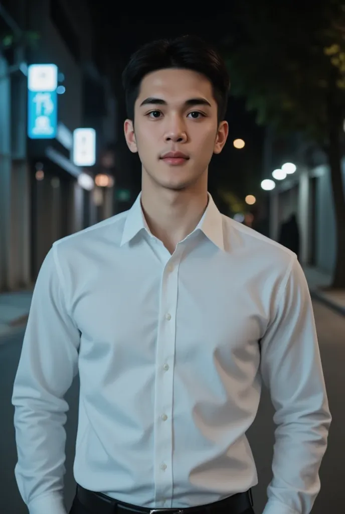 sex, masculine, Age 28 years short hair skin head, (bestquality:1.2, 8k resolution, highres:1.2), (asian, korea, handsome:1.4), White shirt, Short black hair, Good looking, Fair-skinned, Formal dress code, (On the road at night:1.4), nighttime, bar, dim li...