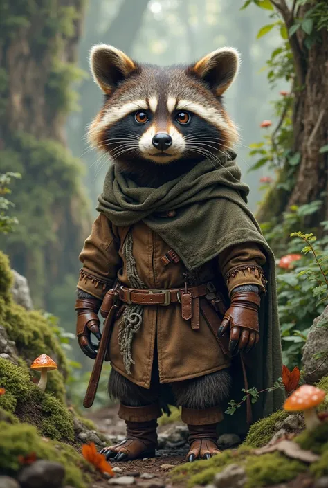 Create a smart raccoon with old medieval clothes in a forest