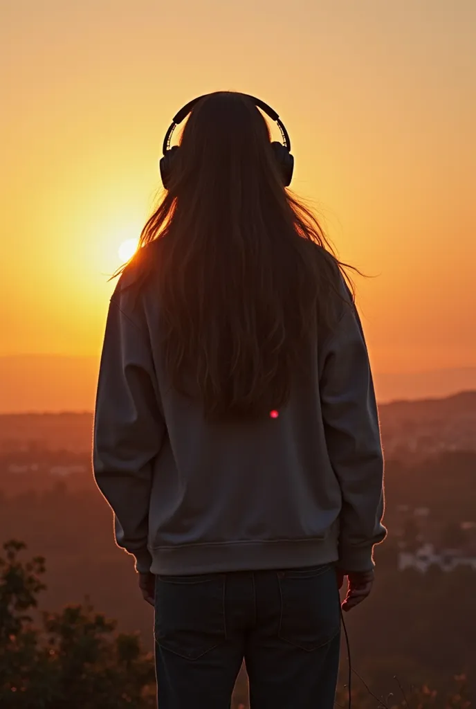 A  ager with headphones baggy full clothes long hairs watching a sunset 