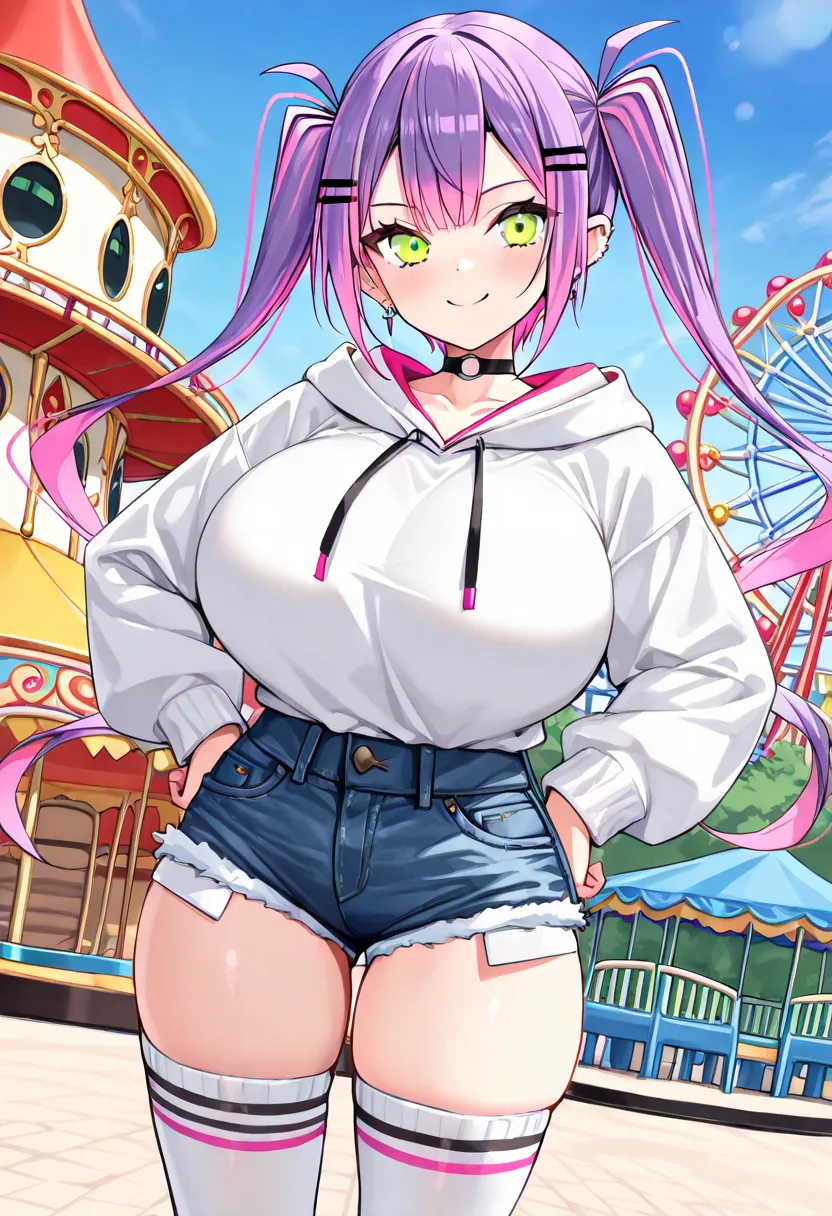 (highest quality , 8k , masterpiece , incredibly absurdres , perfect body , super detailed skin , highly detailed eyes and face , 1 woman ) , tokoyami towa , purple Hair , Green eyes , smile ,  will be happy , ( hoodie,  ultra short denim shorts , thigh-hi...