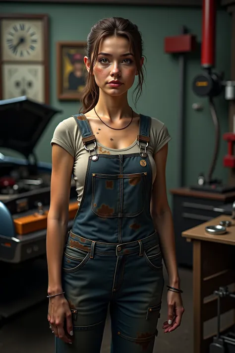 Full body shot of tired female auto mechanic, working, photorealistic, auto mechanic office background, sharp focus, cinematic lighting, high detail, ultra HD, 8K resolution