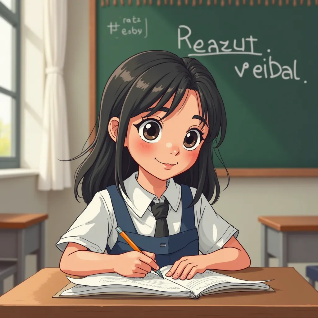 Make a cartoon of a twelve-year-old girl writing in her verbal reasoning notebook,  with Latin features,  with black hair, with a white blouse in uniform without a tie "with a blackboard in front of her" And let him have the word "Raz . verbal", In a class...