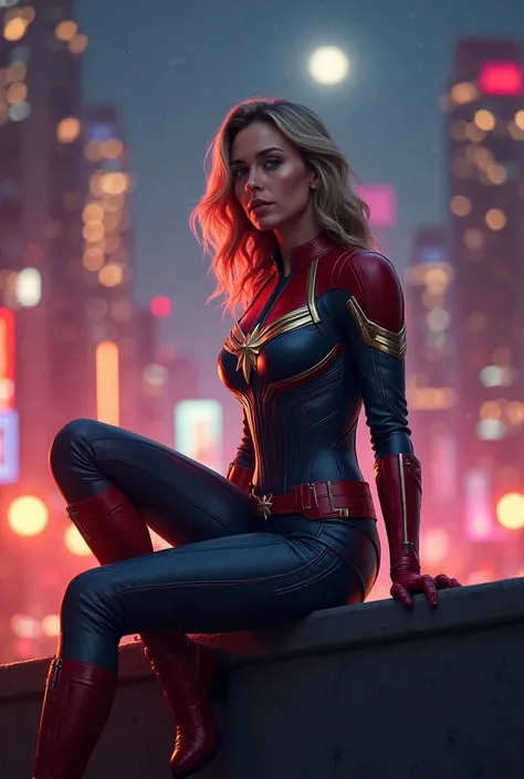 a woman in a black and red suit sitting on a ledge, a picture by John La Gatta, trending on cg society, conceptual art, captain marvel, gal gadot as captain marvel, from marvel studios, marvel movie still, style of marvel, from a marvel movie, hero pose co...