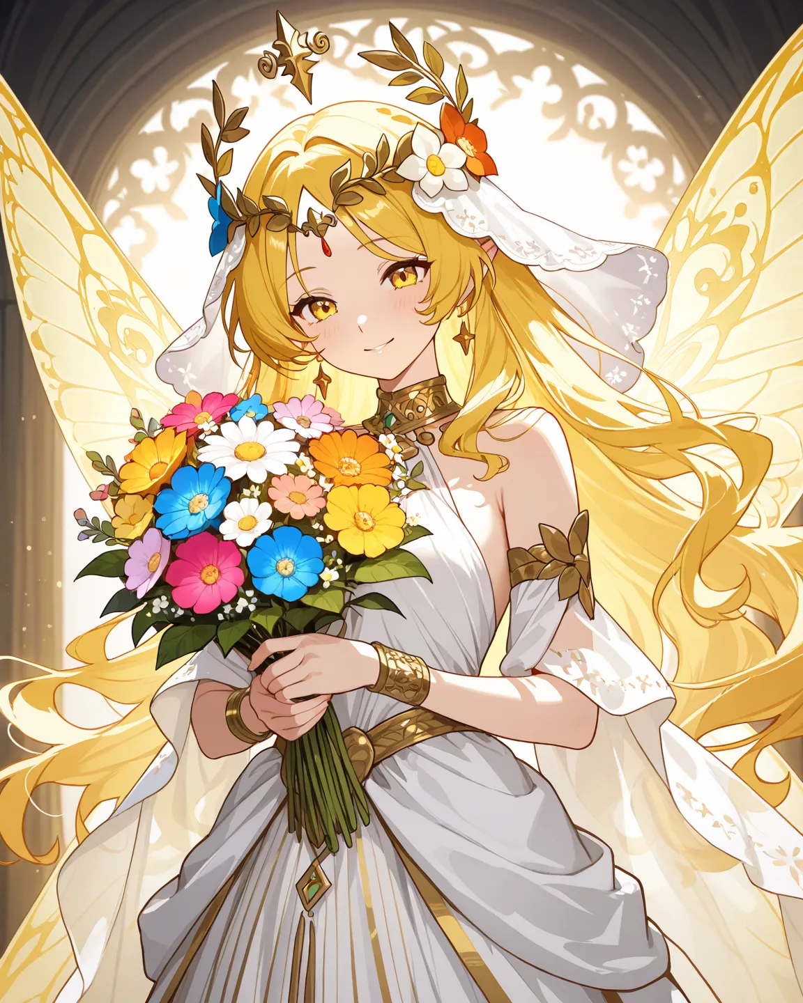 A Chibi-style girl, with fairy wings, goddess clothes,  yellow hair,  flowers on the head ,  holding a bunch of flowers , Enchanting 