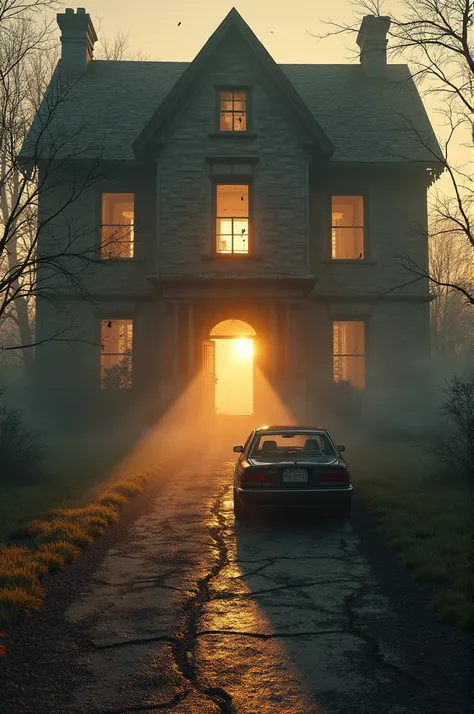 "A haunting sunrise over a Victorian house. The front door is splintered open, faint smoke drifting from within. An empty car in the driveway with one door left ajar. Soft golden light contrasts with lingering shadows in broken windows. Hyper-realistic tex...