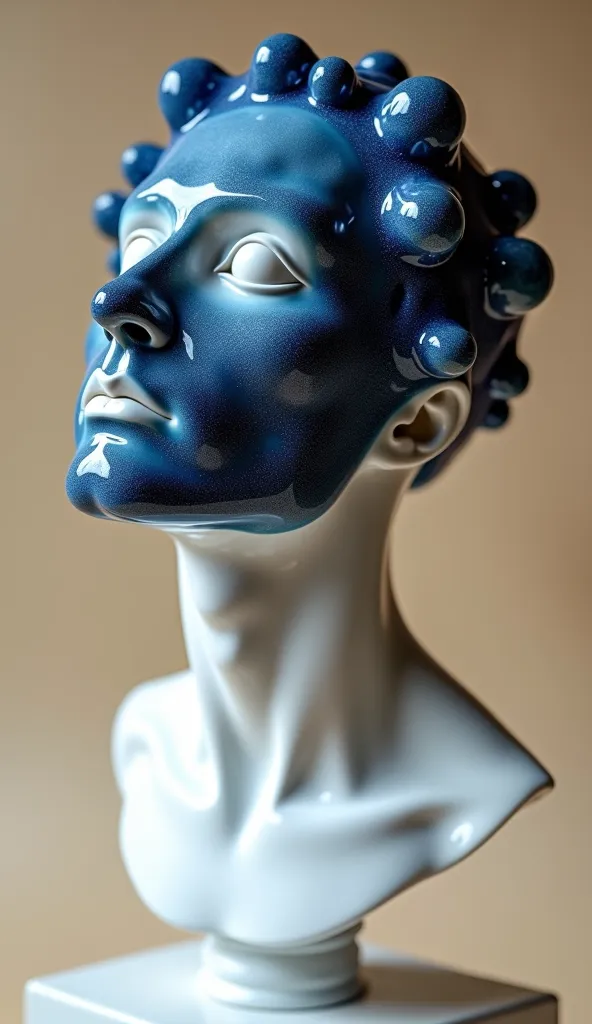 closeup shot of A white statue of a man, his head covered in liquid dark blue and black galaxy nebula. The sculpture is made from porcelain. solid beige background