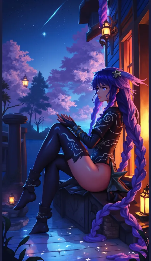 Neptunia looking at the stars from a balcony, Clap your hands on your knees with a flirty pose and looking at the sky 