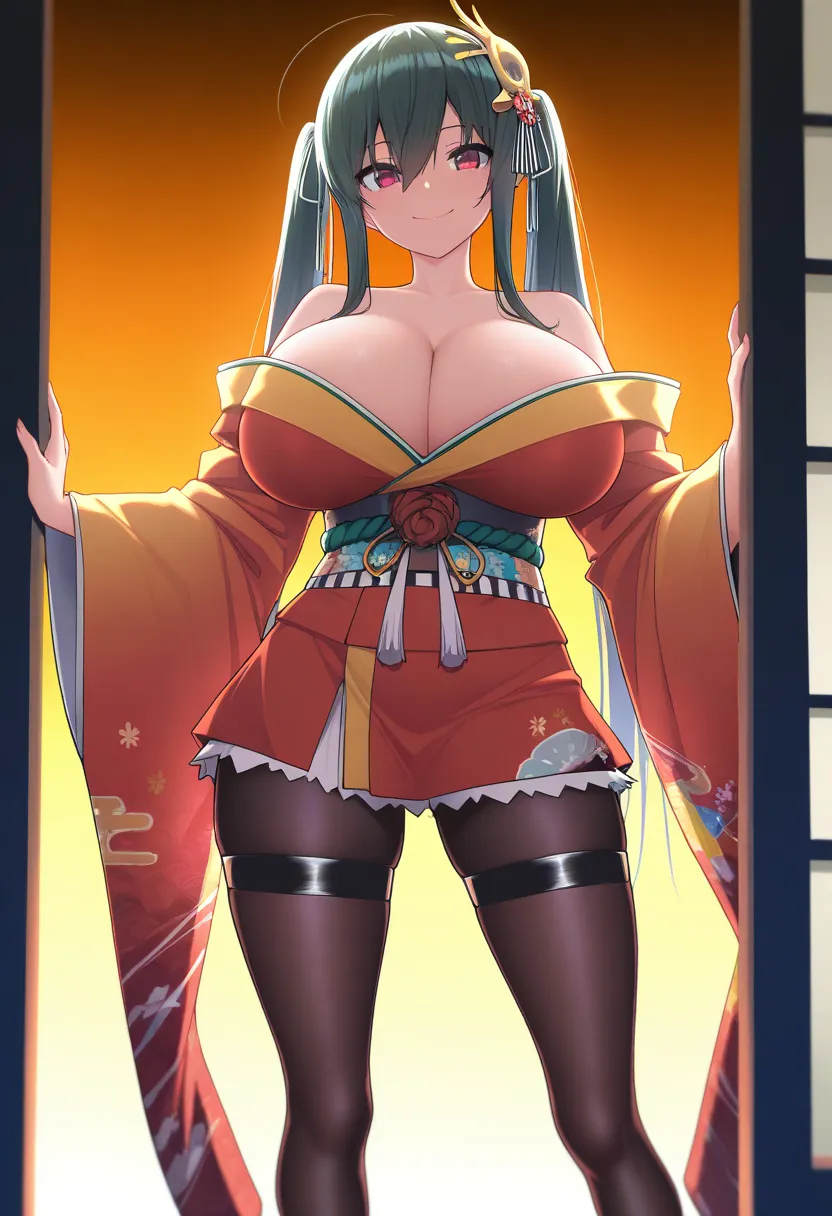  masterpiece, highest quality,   off shoulder kimono,  red kimono,  short kimono, twin tails, Zettai Ryoichi , wide sleeve, black thigh tights, hair ornaments close to the garden,  popup,too big chewy boobs,hyper breasts,Big Breasts,   black hair, red eyes...