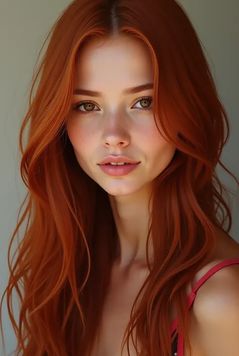 Digital portrait of a model with long red hair, falling softly over the shoulders.  Her deep brown eyes convey intensity and mystery .  The skin is smooth and well illuminated , with a natural and slightly warmed tone.  The expression is serene and confide...