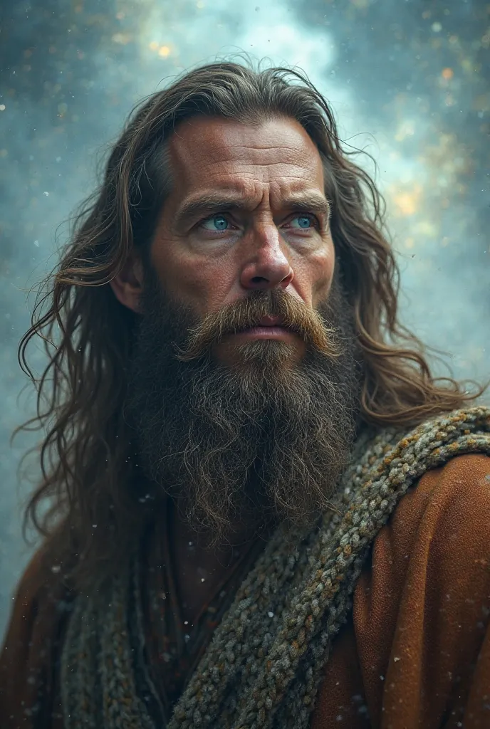 "Cinematic image of a godlike man with long, brown hair and a thick beard. His blue eyes express a deep serenity and wisdom. He is dressed in a ma