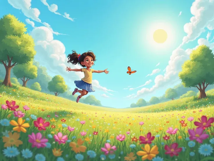 Here’s the translation of the prompt to English:

"An image of a colorful field with flowers and trees. The sun shines in the sky, and a small butterfly flies joyfully around. The main character, a girl named Luna, is jumping for joy. The style should be D...