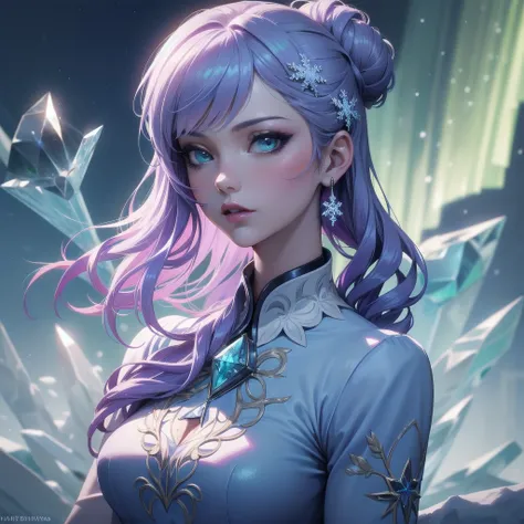 1girl, pale lavender hair, side-swept bun, gemstone hairpins, icy blue gown, snowflake embroidery, high lace collar, frozen palace, icicles, sparkling frost, aurora, vibrant sky, green and purple hues masterpiece, best quality, amazing quality, very aesthe...