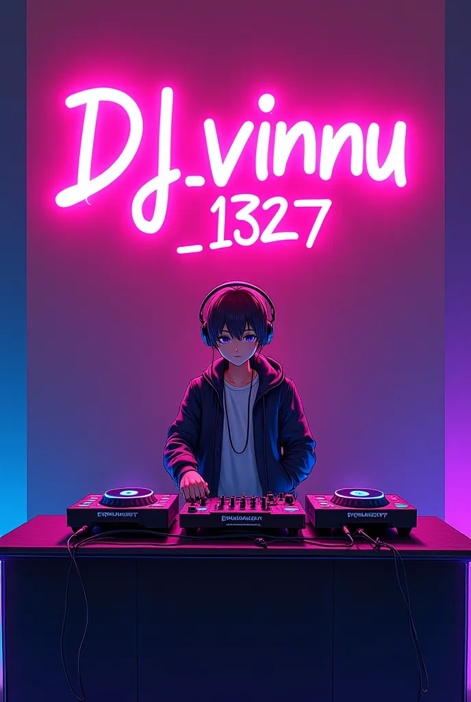 create a wall and create a single board , keep the neon colour of the sign board name , Sing Board name Dj _vinnu _1327 , And create a Anime Boy, And he his a dj player 
