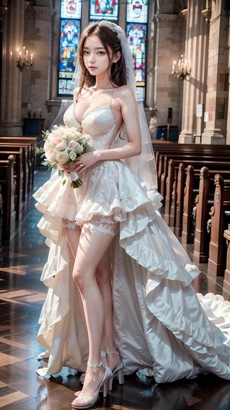 A beautiful young Japanese woman, 26 years old, with healthy thighs, beautiful legs, flawless skin, random hair color and style, large breasts, wearing a (wedding dress:1.3), (she is standing:1.2), full body shot, high heels, holding a bouquet in her hands...