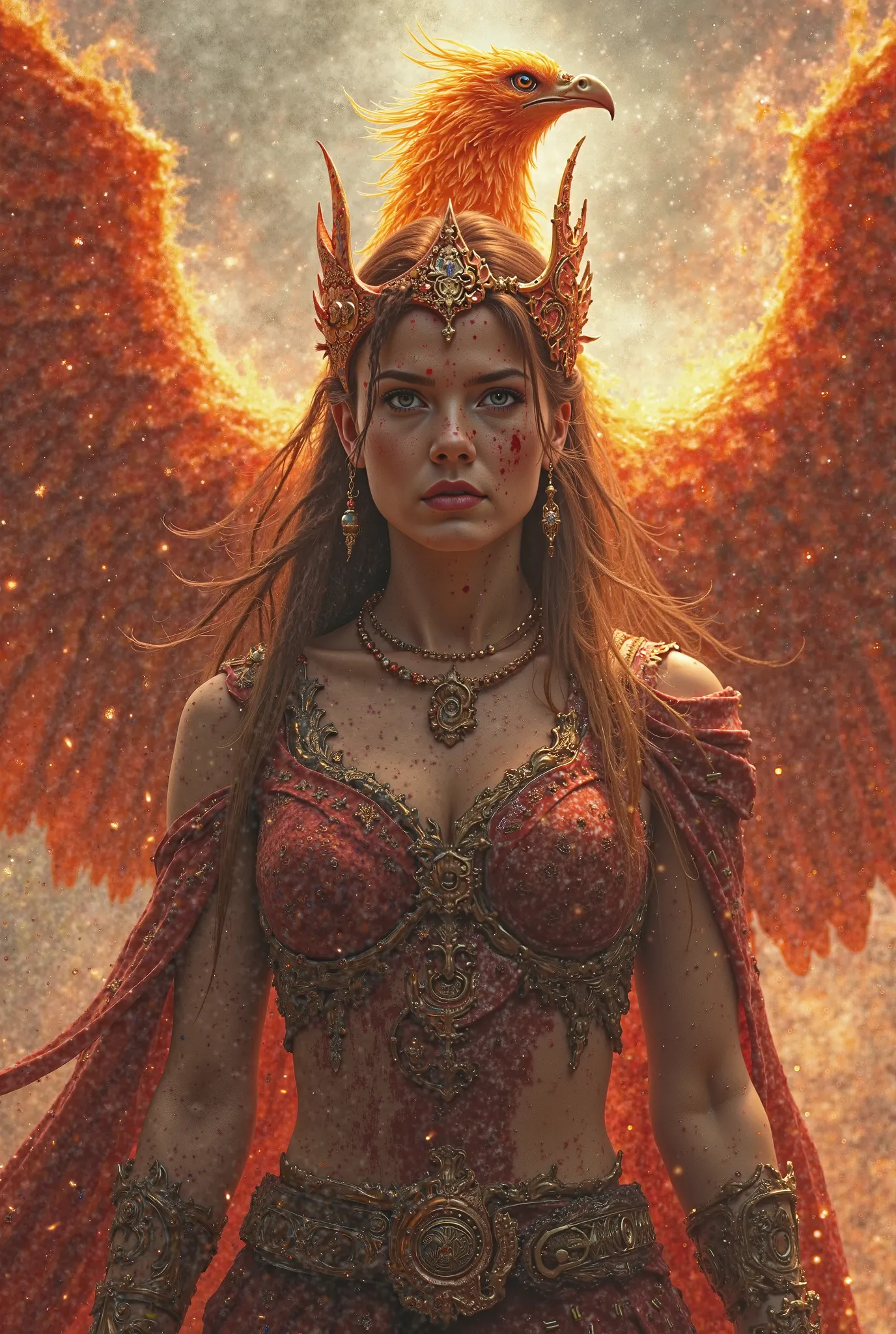 woman with a bloody crown and a pheonix 