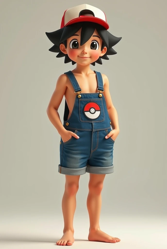 young boy Ash Ketchum can you believe I'm wearing Osh Kosh B' Gosh overalls? logo on front pocket cap shirtless undressing strap slip briefs feet 