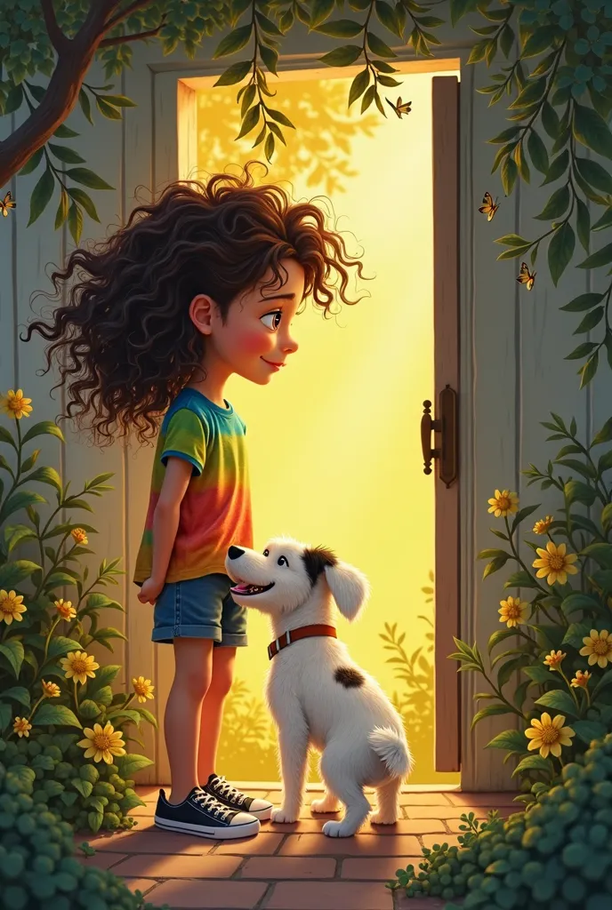 Maria Liz, An  with curly hair and a colorful t-shirt, is in the backyard of your house, playing with Pippy, her little white dog with black spots. The image shows the secret door between the plants, with a golden light coming from inside, inviting them to...