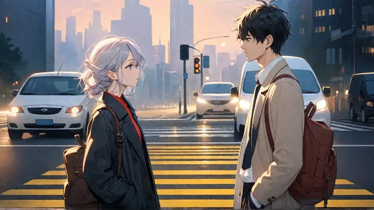 Ultra High Definition, high quality, anatomically correct, accurate, masterpiece, side view,character,standing up picture, An adult woman and an adult man passed head-on at a pedestrian crossing。They both look lonely。 The background is an evening cityscape...