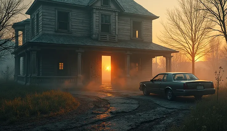 "A haunting sunrise over a Victorian house. The front door is splintered open, faint smoke drifting from within. An empty car in the driveway with one door left ajar. Soft golden light contrasts with lingering shadows in broken windows. Hyper-realistic tex...