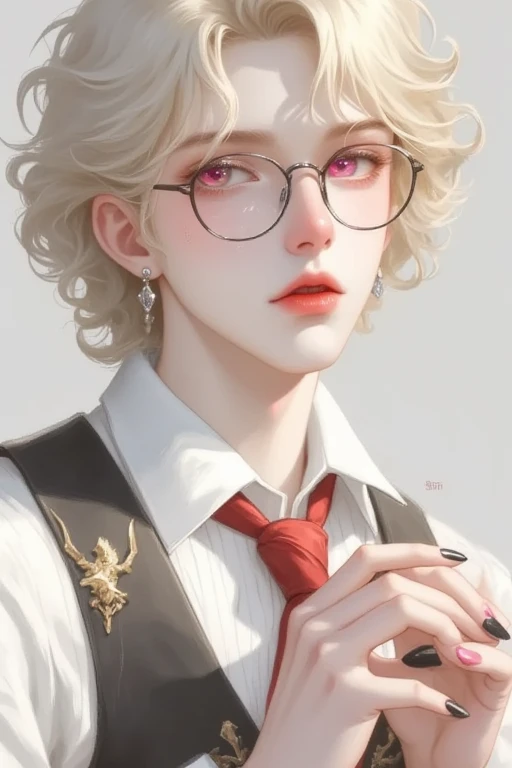 An androgynous male character with light blond hair, curly and slightly disheveled. Their eyes are an intense and bright pink shade, which gives them a hypnotic appearance. He wears round glasses with a round glasses elegant design that complements its pen...