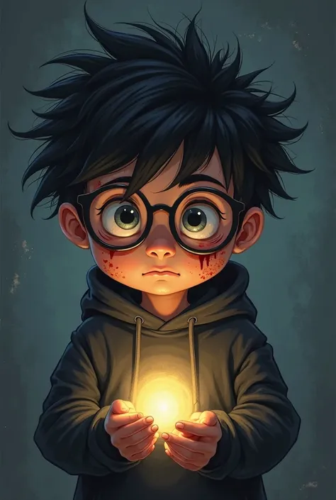 a boy with untidy black hair,would wear glasses with a black sweatshirt his face would be stained with catsup,his expression would be scared and scared as he looked forward while holding a flashlight in his hands,Teletubbie style drawing