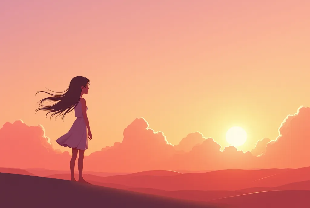 A beautiful girl stands in the scene, waiting for someone. She has an elegant yet simple design, with flowing hair and a calm, wistful expression. Her posture suggests quiet anticipation, as she gazes into the horizon  in the middle of nowhere the desert o...