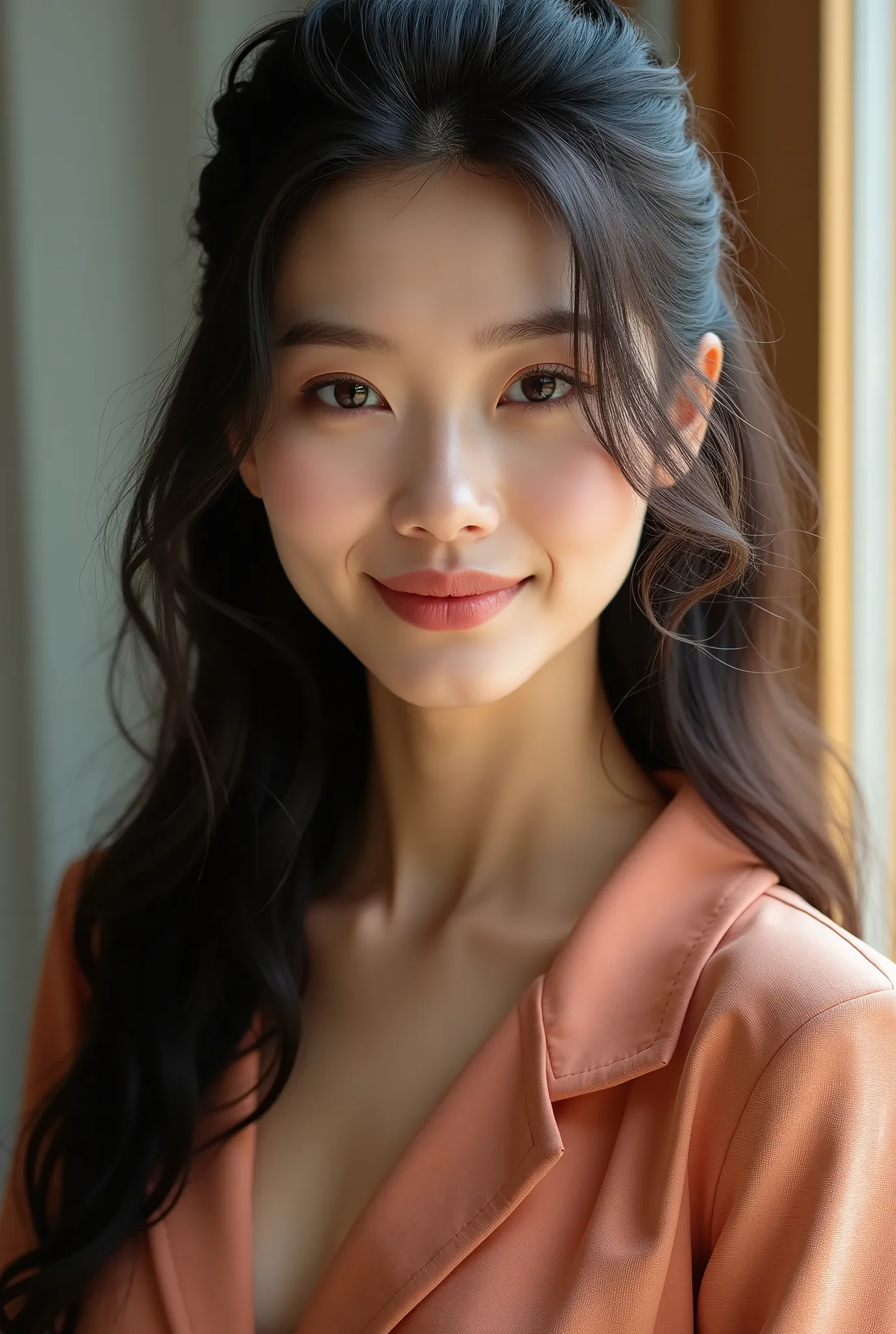 "A stunningly beautiful Asian woman, approximately 35 years old, with long, beautifully permed hair, deep, sweet brown eyes, and fair, glowing skin. She has a delicate, slightly curved smile and is dressed in a modern, elegant outfit. The scene is ultra-re...