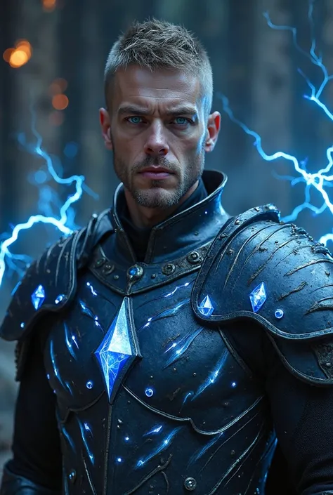 A blue-eyed medieval hero, lightning elemental, with black metal armor with blue diamond details, in a dark and burning place, beardless and short hair. The diamond details are not on the chest, are in lines along the sides of the armor 