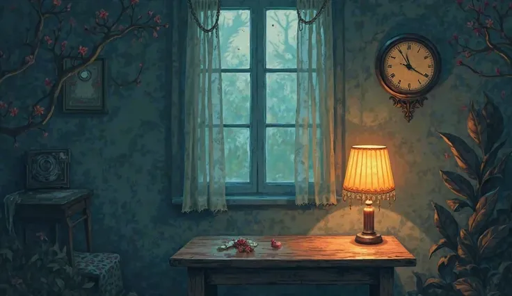 Haunted background, 2d cartoon background, wall clock, table, teble lamp