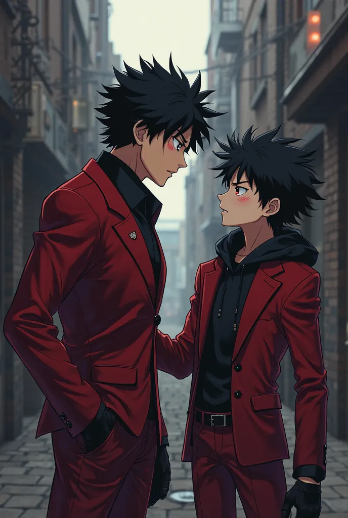 Boku No Hero male character,black hair,red eyes,red suit with black hoodie with gloves on his hands talking to Deku