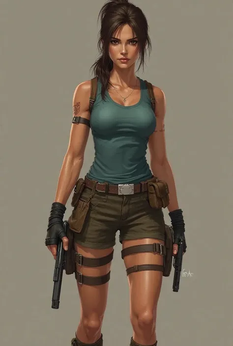 

Lara Croft stands confidently, her athletic and toned body reflecting years of intense physical training and adventure. Her posture is strong, yet graceful, showcasing both agility and resilience. Her skin is tanned from exposure to the elements during h...