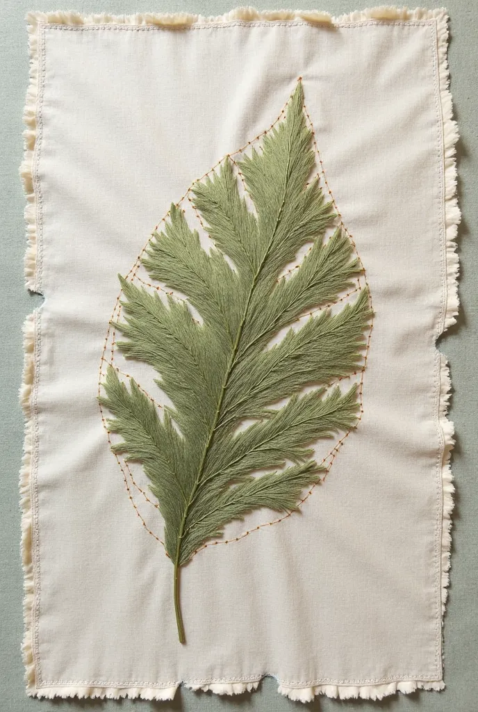 Embroidered picture of a leaf with torn edges
