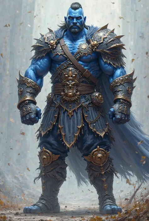 Create a male RPG-based character: boxer, athlete, goliath, blue skin, wearing medieval armor, thinner, With a mullet in my hair