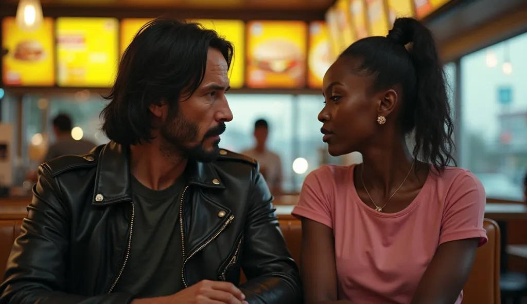 
A cinematic, emotional conversation between a famous actor, resembling Keanu Reeves, 50 years old, and a young African-American woman. The man has medium-length black hair, a short beard, and is wearing a stylish black leather jacket over a dark shirt. He...