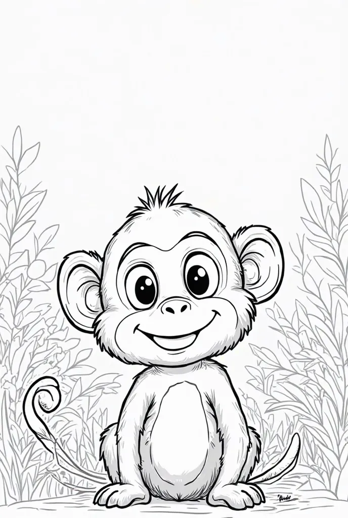 coloring book for s, no detail, outline no colour, a cute monkey in the jungle, fill frame, edge to edge, clipart white background --ar 3:2 --style raw --no color