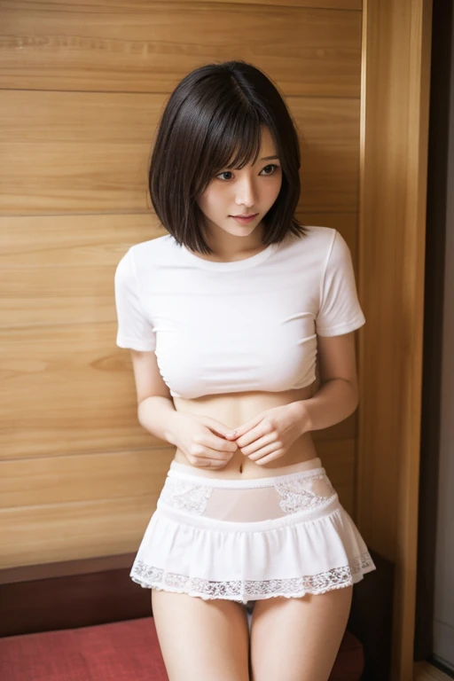 Attractive short haired Japanese woman,  without makeup,  black hair, best quality, realistic, 1 girl, cute, idol, very short hair, SMALLE BREASTS, White short sleeve ,  navy blue pencil skirt , miniskirt, white ankle socks, black loafers, small panties, l...