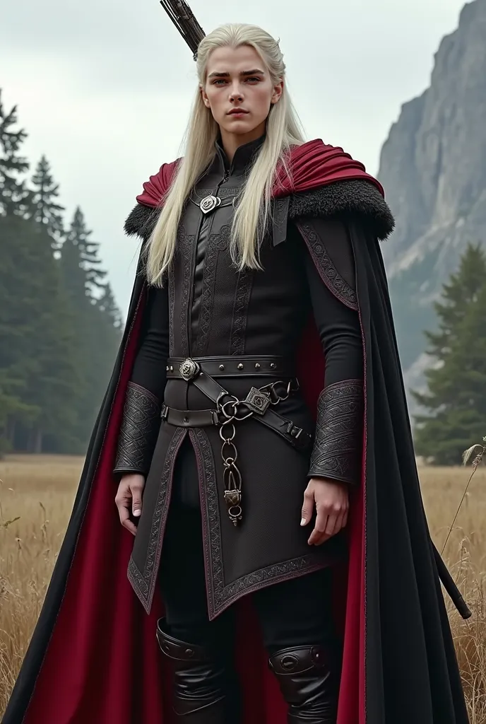  Rhaegar Targaryen wearing black and red clothes holding an arrow in one hand, your bow is behind your back along with your carcass.