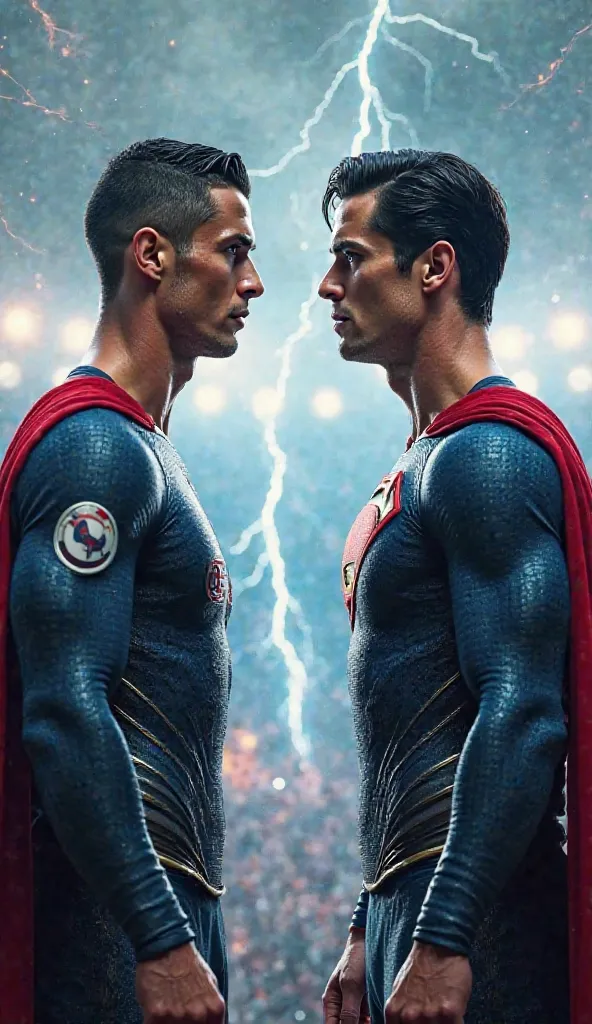 Create an image of Cristiano Ronaldo and Superman standing face to face, staring at each other with intensity and mutual respect. Ronaldo is wearing a futuristic football uniform with a sleek, athletic design, while Superman is in his classic red and blue ...