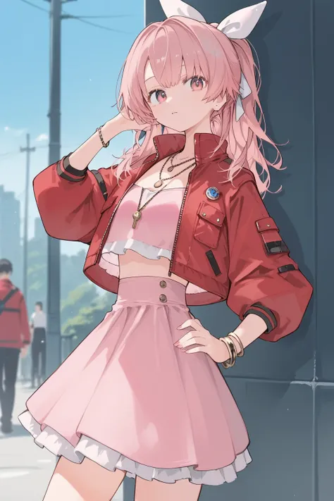 score_9, score_8_up, score_7_up, source_anime, outdoors, (1girl), ((She wears red jacket,cropped jacket, short jacket,open jacket, necklace, bracelet, pink dress, hair ribbon)),