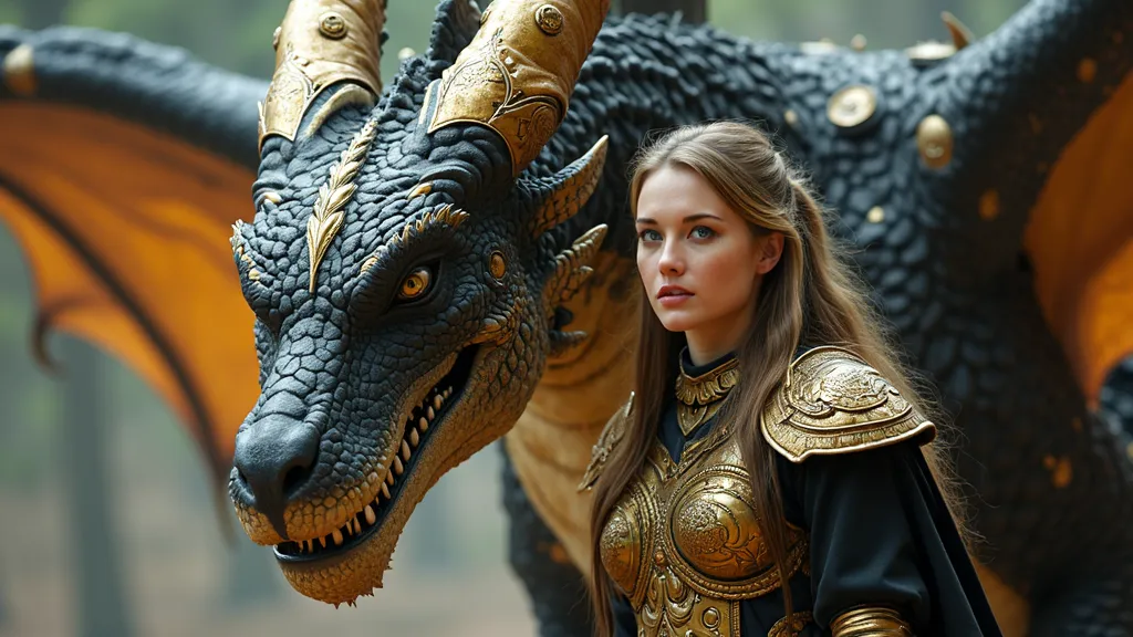  A Fierce Dragon ,  cor de pele black gold, A woman who tames dragons,  with heavenly armor, light blue eye, very impressive ,  Thor's Armor